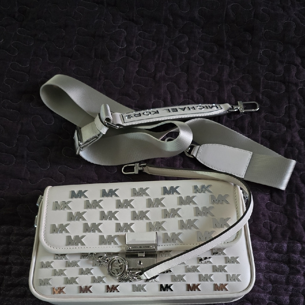 Michael Kors White and Silver Logo Crossbody